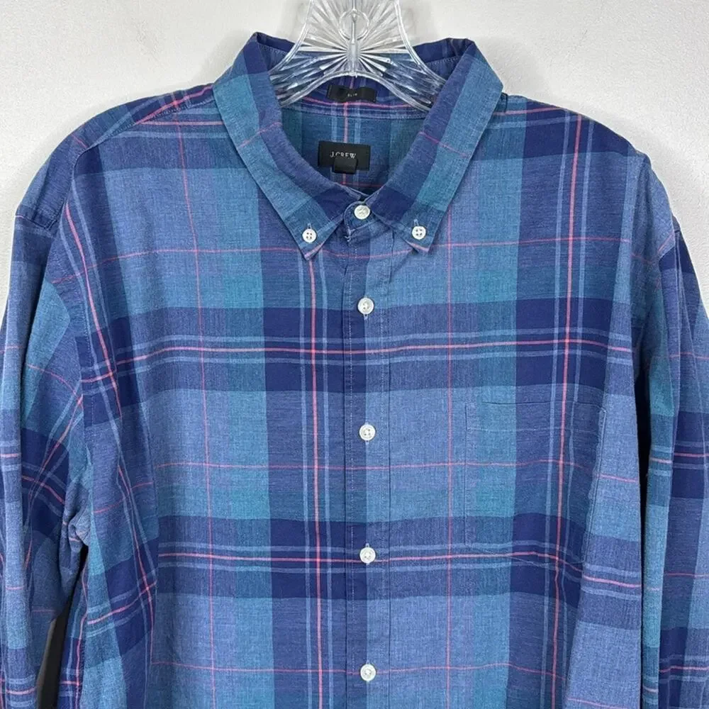 J. Crew Men's Blue Plaid Button Down Shirt XL 100% Cotton Slim Fit Casual